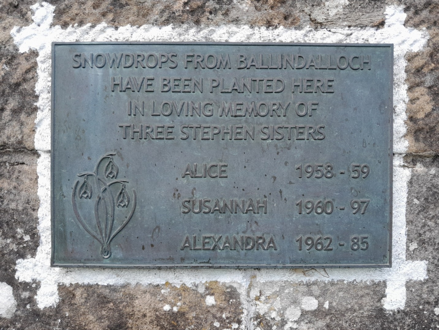 Remembered with a plaque and snowdrops